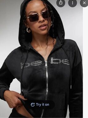 bebe Black Velour Rhinestone Zip Hoodie and pant set